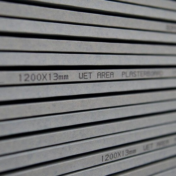 Knauf 13mm WETSTOP plasterboard stacked